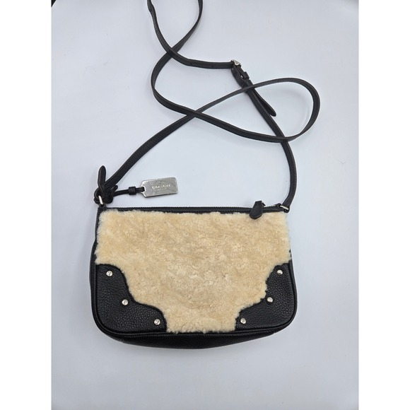 COACH Shearling Leather Crossbody Bag Black Studded Purse Designer - Picture 5 of 8